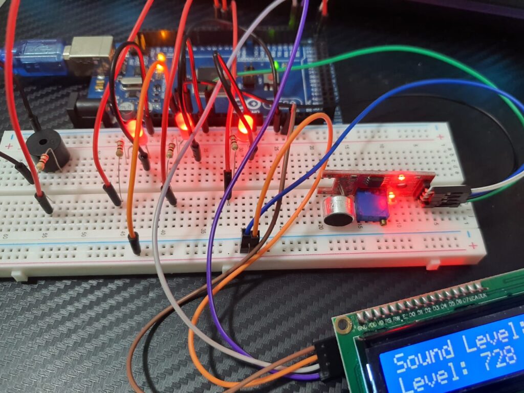 Microphone Sound Sensor using LCD Display and Active Buzzer Circuit Diagram